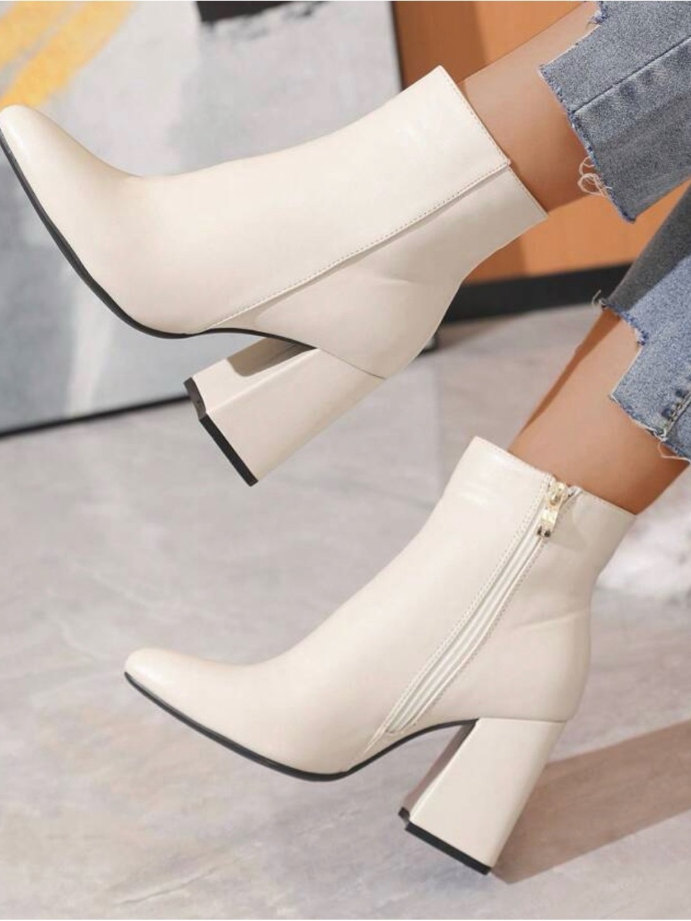 Women's off white Mid-Calf Block Heel Ankle Boots 9in Heels